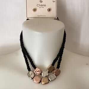 1802 NWT CHERIE NY Black Rope Tri-tone Pendant Craft Necklace Set with Earrings